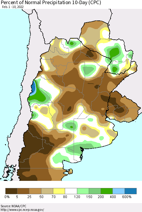 Southern South America Percent of Normal Precipitation 10-Day (CPC) Thematic Map For 2/1/2022 - 2/10/2022