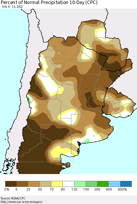 Southern South America Percent of Normal Precipitation 10-Day (CPC) Thematic Map For 2/6/2022 - 2/15/2022