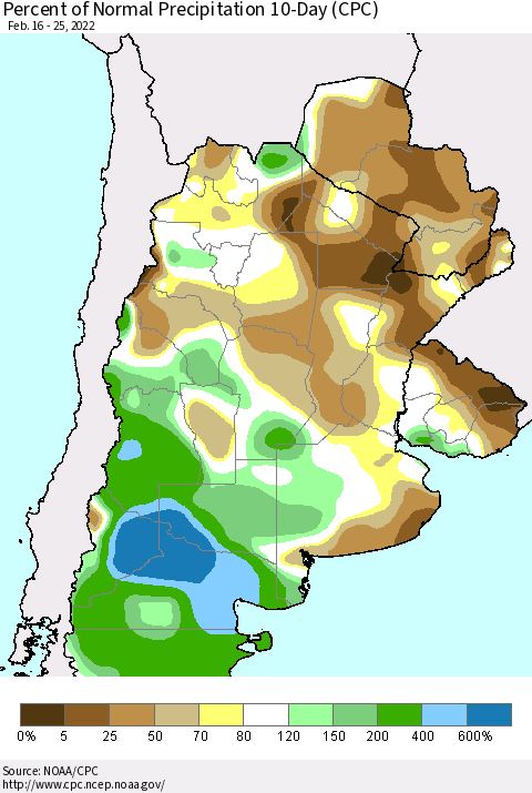 Southern South America Percent of Normal Precipitation 10-Day (CPC) Thematic Map For 2/16/2022 - 2/25/2022