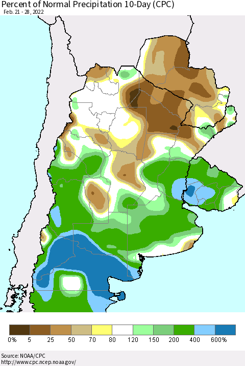 Southern South America Percent of Normal Precipitation 10-Day (CPC) Thematic Map For 2/21/2022 - 2/28/2022