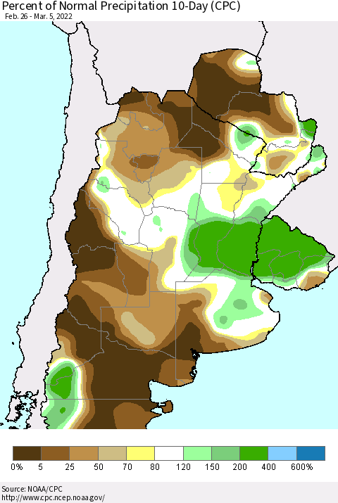Southern South America Percent of Normal Precipitation 10-Day (CPC) Thematic Map For 2/26/2022 - 3/5/2022