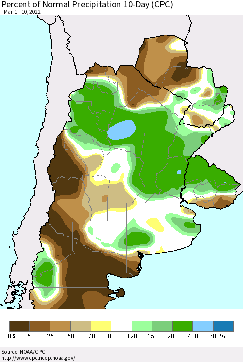 Southern South America Percent of Normal Precipitation 10-Day (CPC) Thematic Map For 3/1/2022 - 3/10/2022