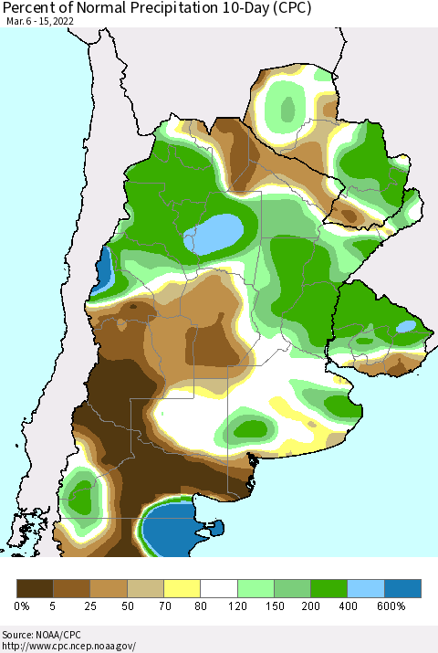 Southern South America Percent of Normal Precipitation 10-Day (CPC) Thematic Map For 3/6/2022 - 3/15/2022