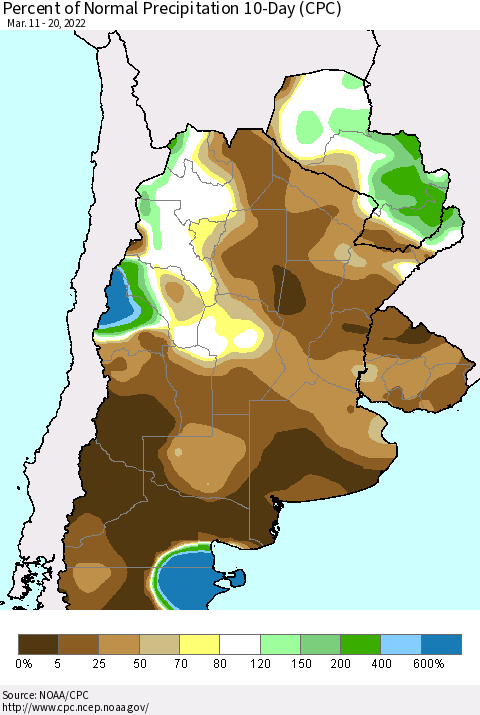 Southern South America Percent of Normal Precipitation 10-Day (CPC) Thematic Map For 3/11/2022 - 3/20/2022