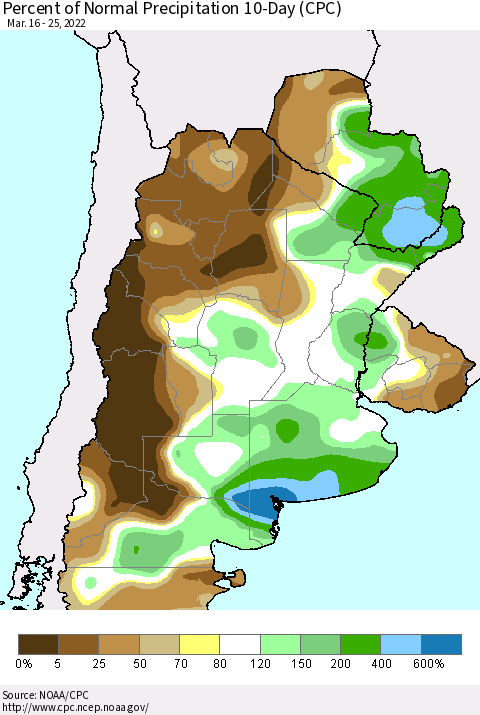 Southern South America Percent of Normal Precipitation 10-Day (CPC) Thematic Map For 3/16/2022 - 3/25/2022
