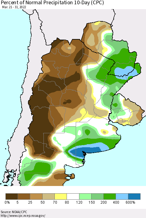 Southern South America Percent of Normal Precipitation 10-Day (CPC) Thematic Map For 3/21/2022 - 3/31/2022