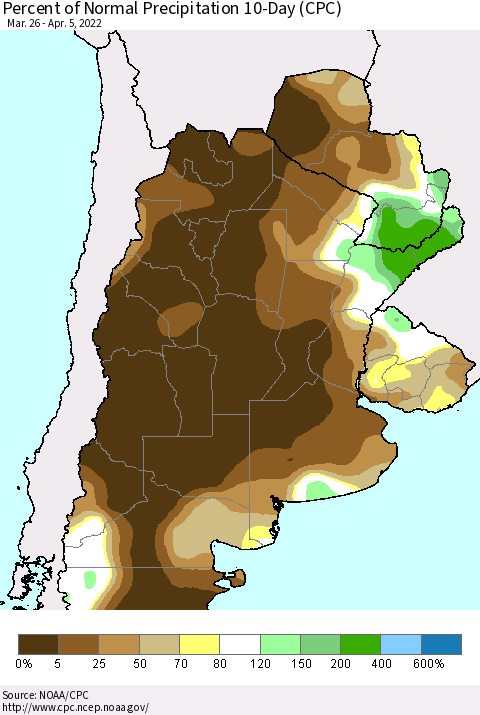 Southern South America Percent of Normal Precipitation 10-Day (CPC) Thematic Map For 3/26/2022 - 4/5/2022