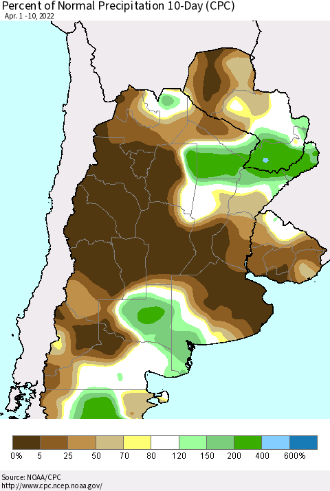Southern South America Percent of Normal Precipitation 10-Day (CPC) Thematic Map For 4/1/2022 - 4/10/2022