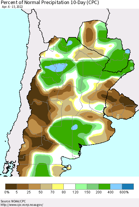 Southern South America Percent of Normal Precipitation 10-Day (CPC) Thematic Map For 4/6/2022 - 4/15/2022