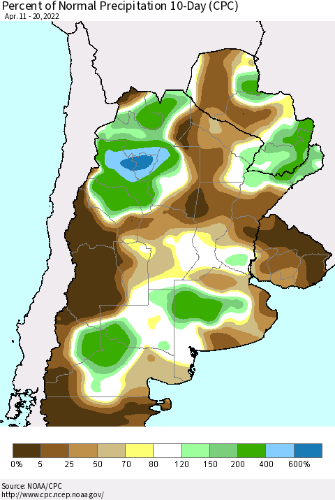 Southern South America Percent of Normal Precipitation 10-Day (CPC) Thematic Map For 4/11/2022 - 4/20/2022