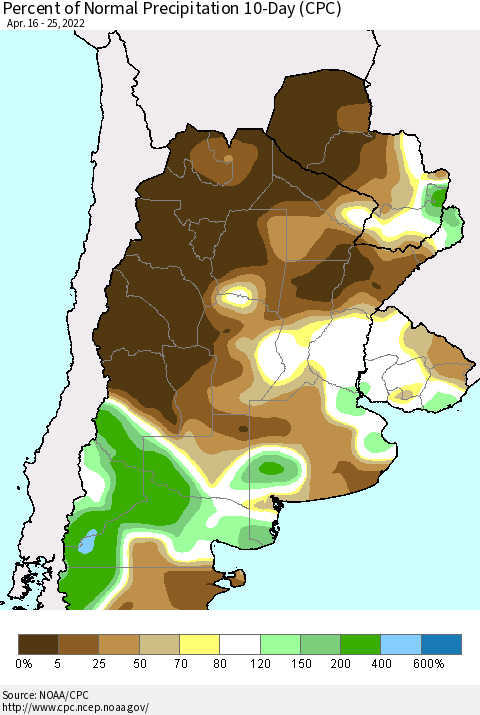 Southern South America Percent of Normal Precipitation 10-Day (CPC) Thematic Map For 4/16/2022 - 4/25/2022