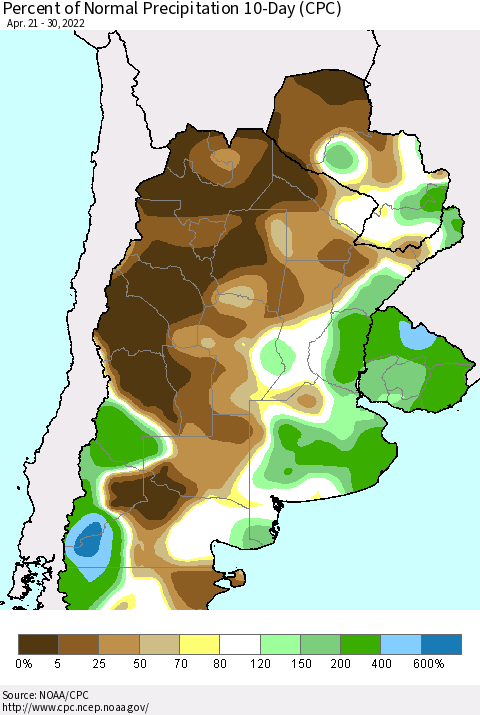 Southern South America Percent of Normal Precipitation 10-Day (CPC) Thematic Map For 4/21/2022 - 4/30/2022