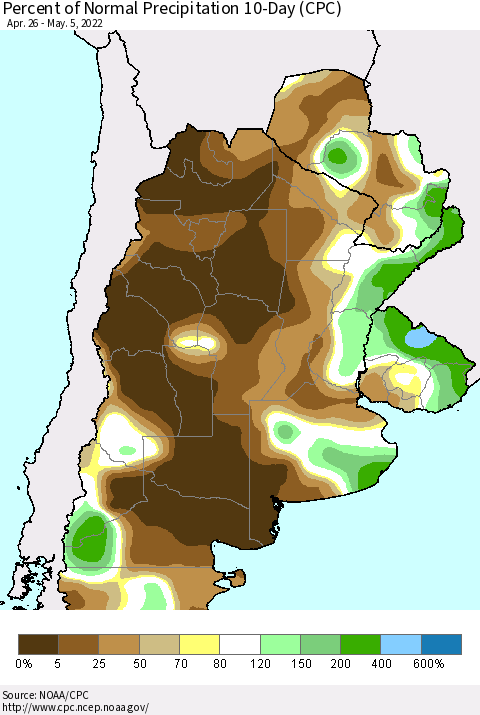 Southern South America Percent of Normal Precipitation 10-Day (CPC) Thematic Map For 4/26/2022 - 5/5/2022