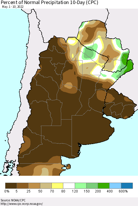Southern South America Percent of Normal Precipitation 10-Day (CPC) Thematic Map For 5/1/2022 - 5/10/2022