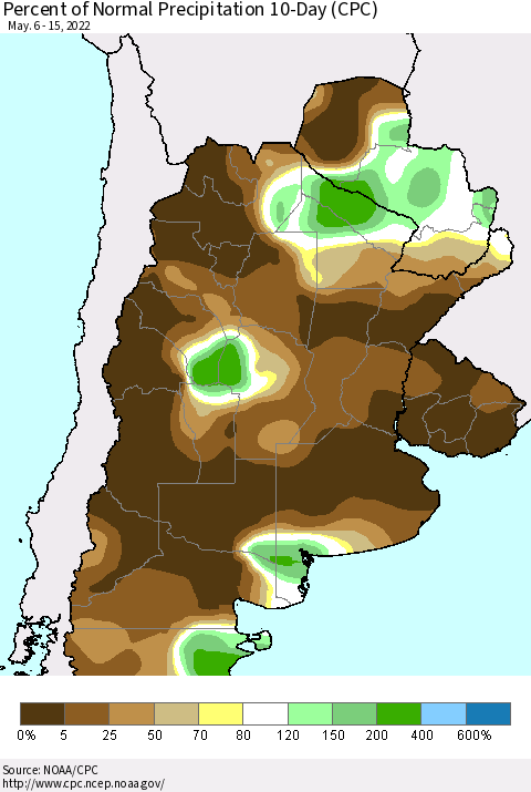 Southern South America Percent of Normal Precipitation 10-Day (CPC) Thematic Map For 5/6/2022 - 5/15/2022