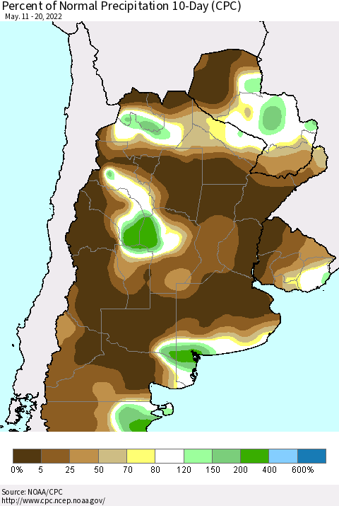 Southern South America Percent of Normal Precipitation 10-Day (CPC) Thematic Map For 5/11/2022 - 5/20/2022