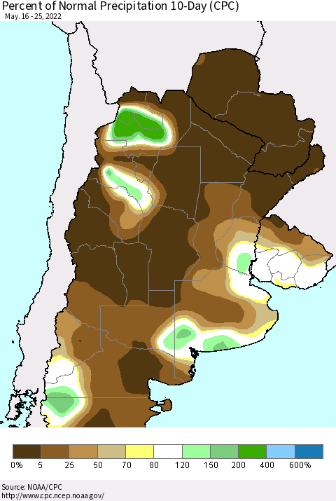 Southern South America Percent of Normal Precipitation 10-Day (CPC) Thematic Map For 5/16/2022 - 5/25/2022