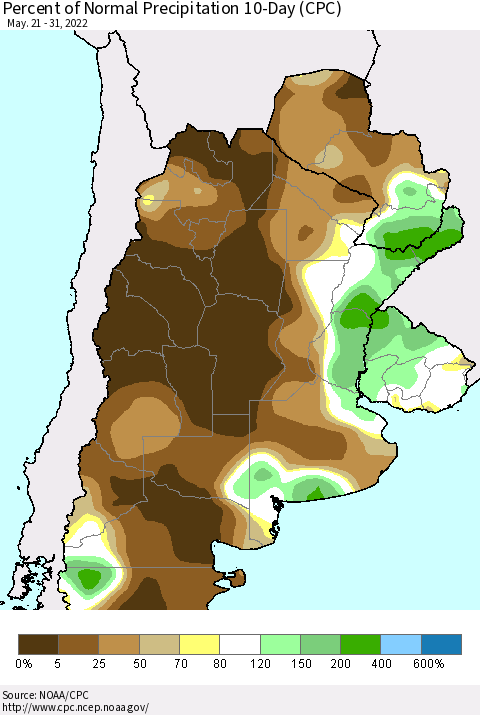 Southern South America Percent of Normal Precipitation 10-Day (CPC) Thematic Map For 5/21/2022 - 5/31/2022