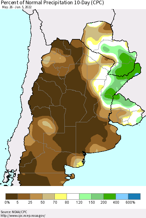 Southern South America Percent of Normal Precipitation 10-Day (CPC) Thematic Map For 5/26/2022 - 6/5/2022