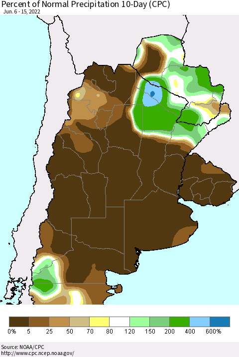 Southern South America Percent of Normal Precipitation 10-Day (CPC) Thematic Map For 6/6/2022 - 6/15/2022