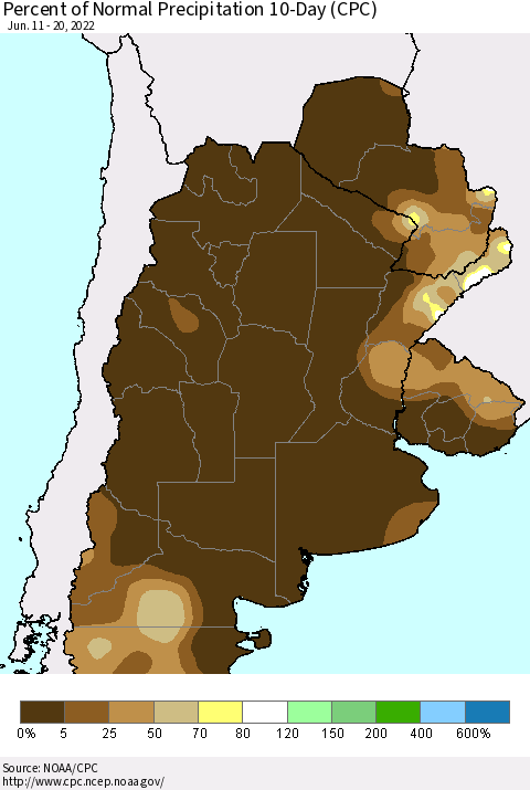 Southern South America Percent of Normal Precipitation 10-Day (CPC) Thematic Map For 6/11/2022 - 6/20/2022