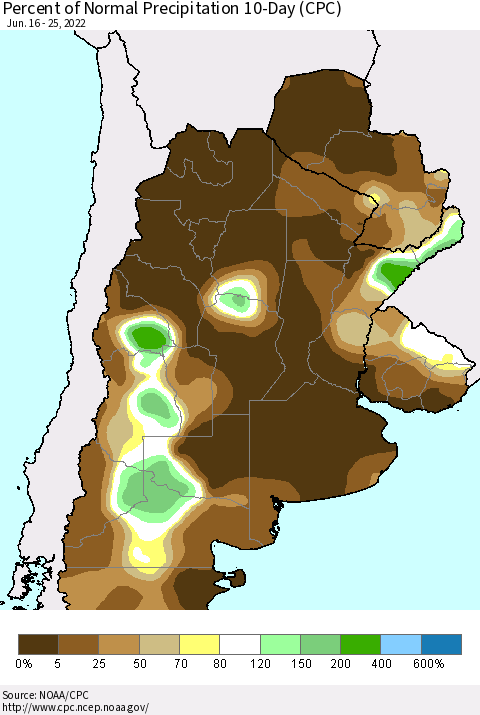 Southern South America Percent of Normal Precipitation 10-Day (CPC) Thematic Map For 6/16/2022 - 6/25/2022