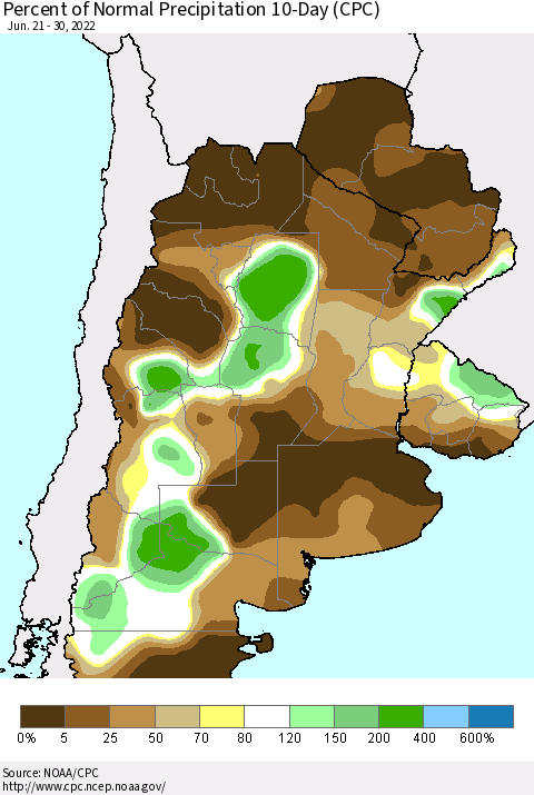 Southern South America Percent of Normal Precipitation 10-Day (CPC) Thematic Map For 6/21/2022 - 6/30/2022