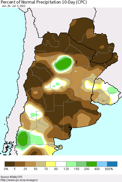 Southern South America Percent of Normal Precipitation 10-Day (CPC) Thematic Map For 6/26/2022 - 7/5/2022