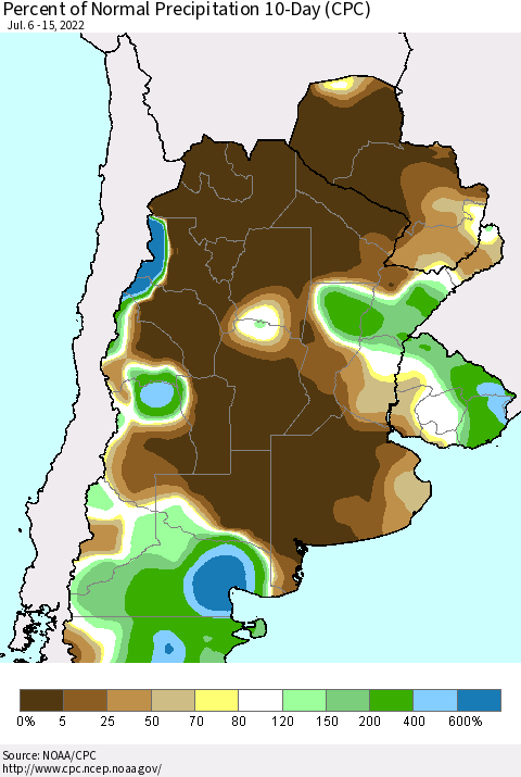 Southern South America Percent of Normal Precipitation 10-Day (CPC) Thematic Map For 7/6/2022 - 7/15/2022