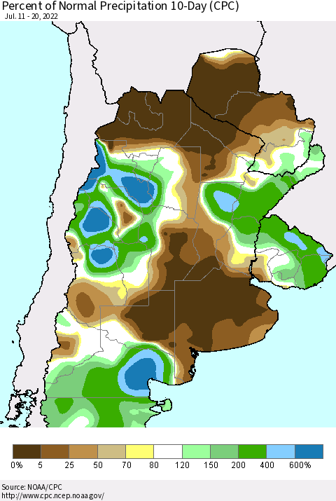 Southern South America Percent of Normal Precipitation 10-Day (CPC) Thematic Map For 7/11/2022 - 7/20/2022