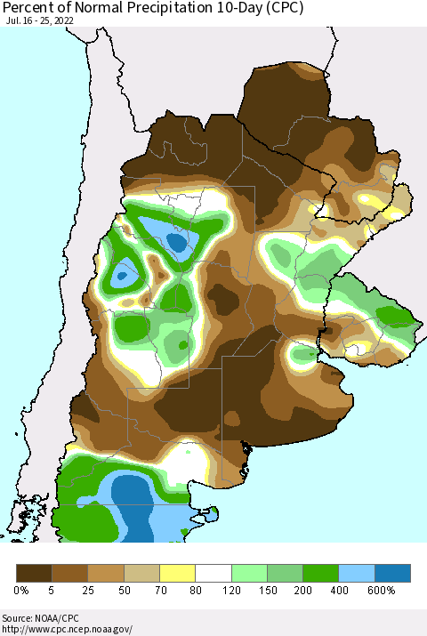 Southern South America Percent of Normal Precipitation 10-Day (CPC) Thematic Map For 7/16/2022 - 7/25/2022