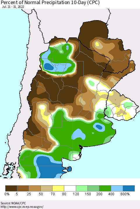 Southern South America Percent of Normal Precipitation 10-Day (CPC) Thematic Map For 7/21/2022 - 7/31/2022