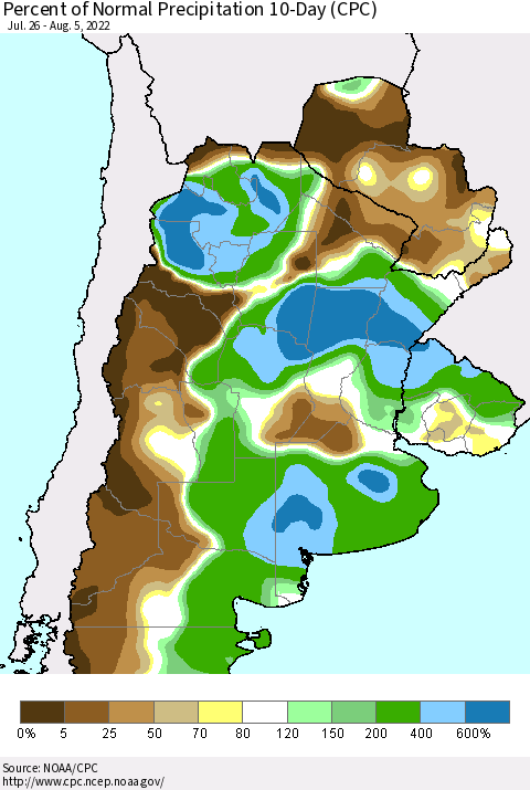 Southern South America Percent of Normal Precipitation 10-Day (CPC) Thematic Map For 7/26/2022 - 8/5/2022