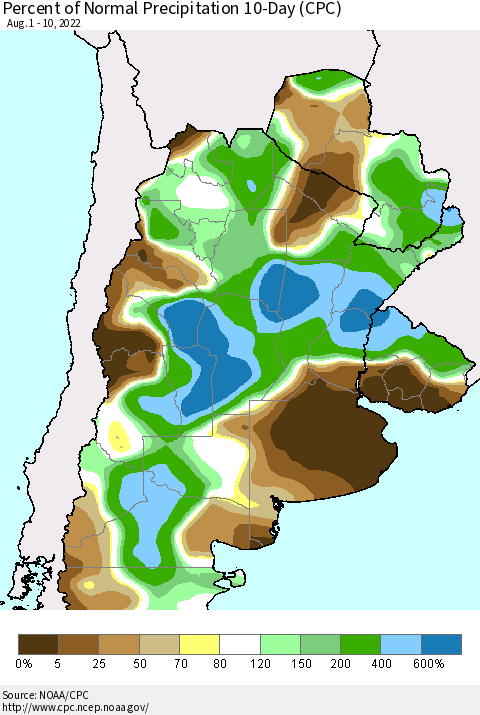 Southern South America Percent of Normal Precipitation 10-Day (CPC) Thematic Map For 8/1/2022 - 8/10/2022