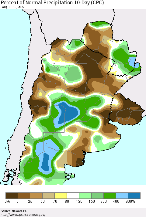 Southern South America Percent of Normal Precipitation 10-Day (CPC) Thematic Map For 8/6/2022 - 8/15/2022