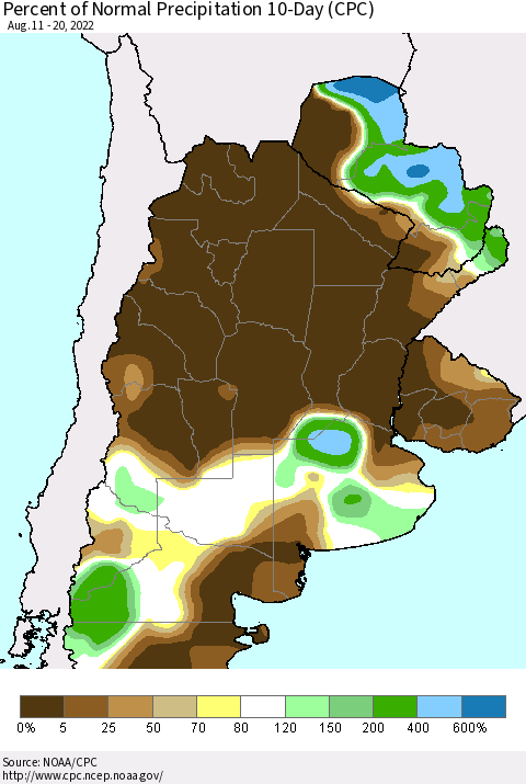 Southern South America Percent of Normal Precipitation 10-Day (CPC) Thematic Map For 8/11/2022 - 8/20/2022