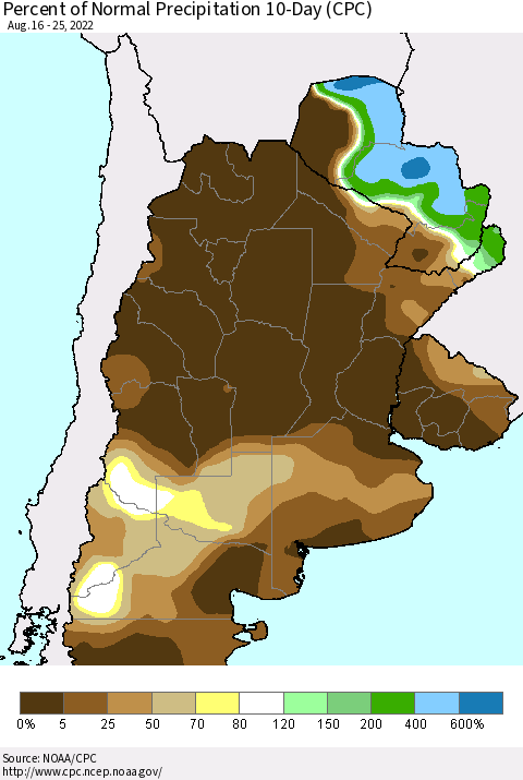 Southern South America Percent of Normal Precipitation 10-Day (CPC) Thematic Map For 8/16/2022 - 8/25/2022