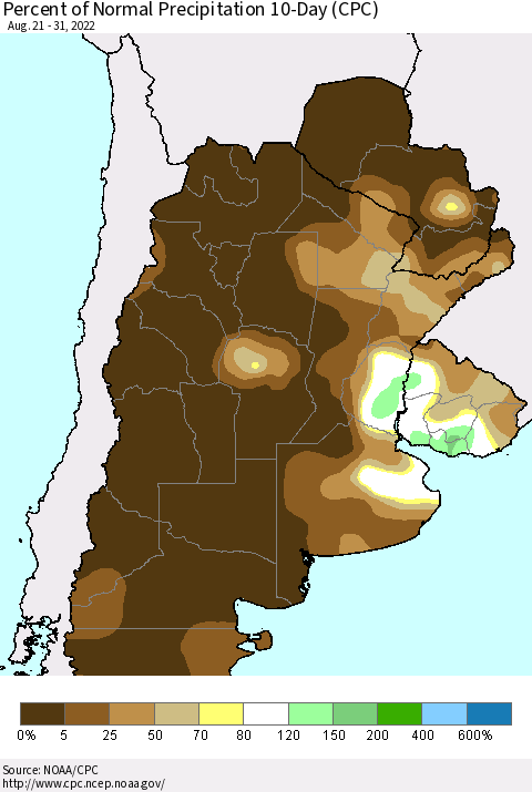 Southern South America Percent of Normal Precipitation 10-Day (CPC) Thematic Map For 8/21/2022 - 8/31/2022