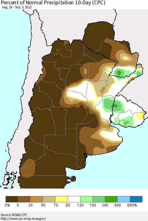 Southern South America Percent of Normal Precipitation 10-Day (CPC) Thematic Map For 8/26/2022 - 9/5/2022