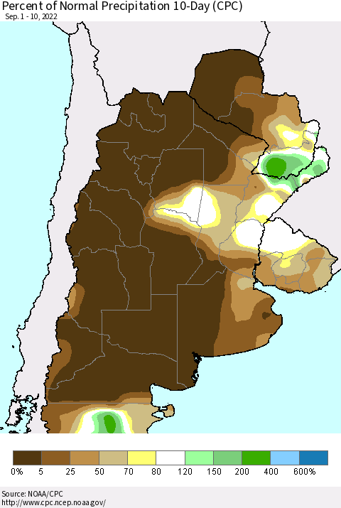 Southern South America Percent of Normal Precipitation 10-Day (CPC) Thematic Map For 9/1/2022 - 9/10/2022