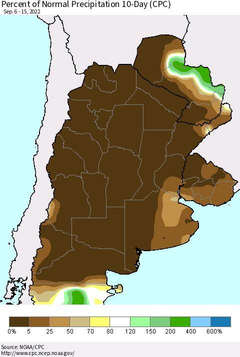 Southern South America Percent of Normal Precipitation 10-Day (CPC) Thematic Map For 9/6/2022 - 9/15/2022
