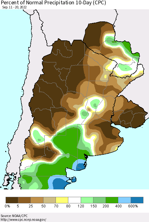 Southern South America Percent of Normal Precipitation 10-Day (CPC) Thematic Map For 9/11/2022 - 9/20/2022
