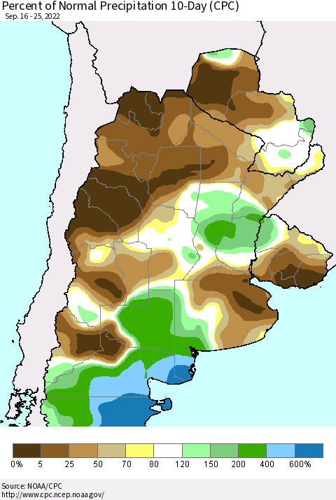 Southern South America Percent of Normal Precipitation 10-Day (CPC) Thematic Map For 9/16/2022 - 9/25/2022