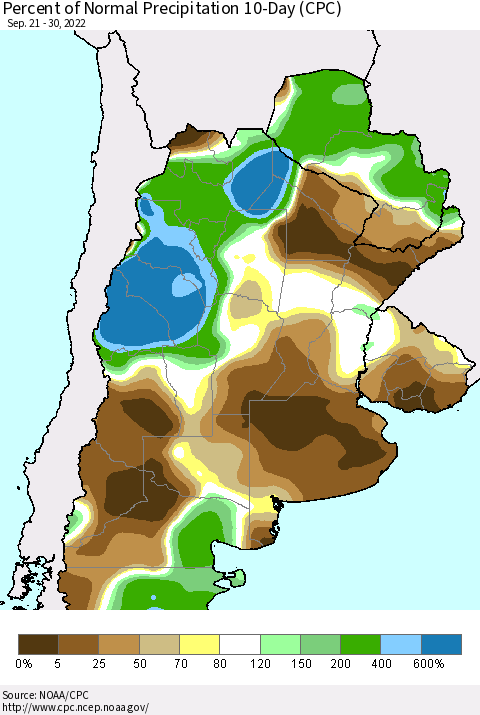 Southern South America Percent of Normal Precipitation 10-Day (CPC) Thematic Map For 9/21/2022 - 9/30/2022