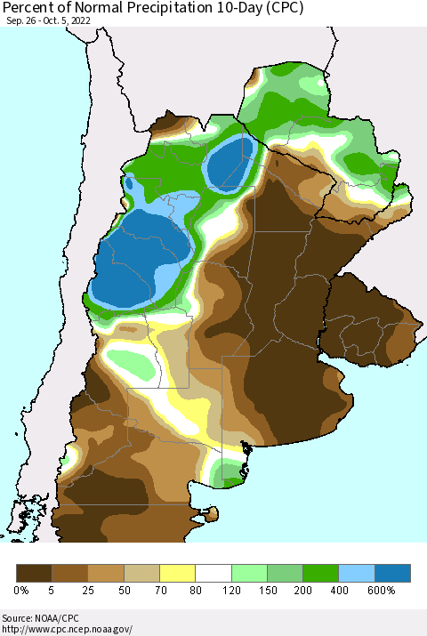 Southern South America Percent of Normal Precipitation 10-Day (CPC) Thematic Map For 9/26/2022 - 10/5/2022