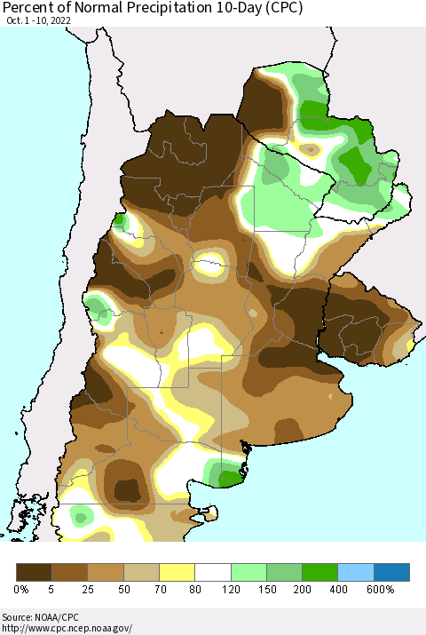Southern South America Percent of Normal Precipitation 10-Day (CPC) Thematic Map For 10/1/2022 - 10/10/2022