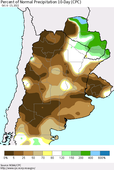 Southern South America Percent of Normal Precipitation 10-Day (CPC) Thematic Map For 10/6/2022 - 10/15/2022