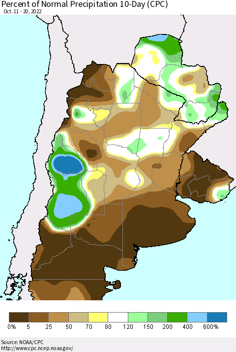 Southern South America Percent of Normal Precipitation 10-Day (CPC) Thematic Map For 10/11/2022 - 10/20/2022