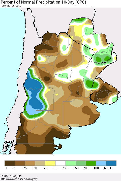 Southern South America Percent of Normal Precipitation 10-Day (CPC) Thematic Map For 10/16/2022 - 10/25/2022