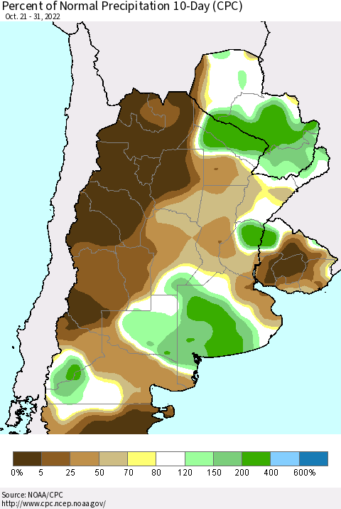 Southern South America Percent of Normal Precipitation 10-Day (CPC) Thematic Map For 10/21/2022 - 10/31/2022